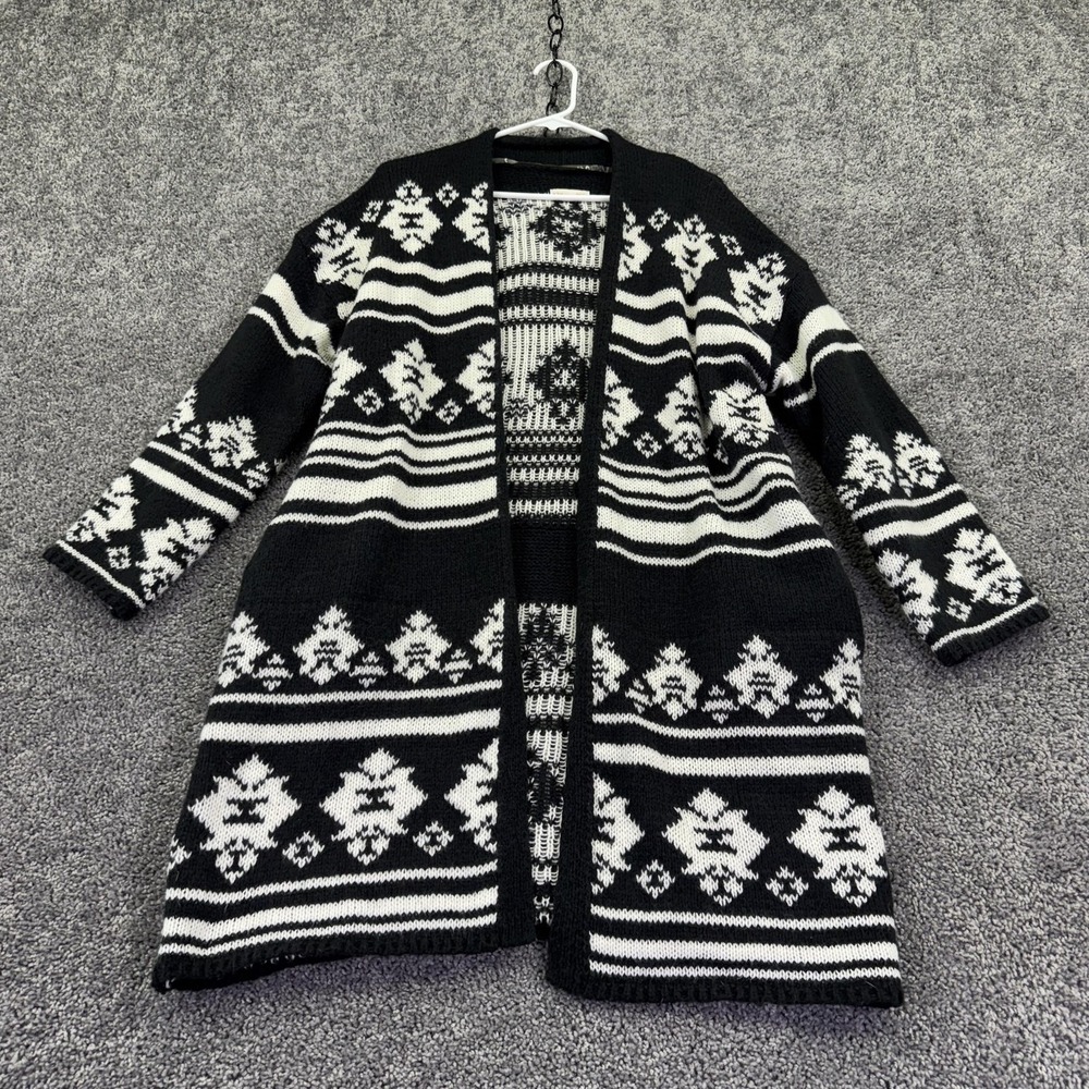 Knox Rose Sweater Cardigan Womens Medium Black Aztec Knit Open Front Longline